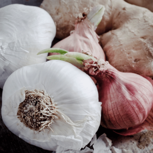 Picture of onions, garlic, and ginger products you can derive when you start Making Backyard Gardens in Small Spaces